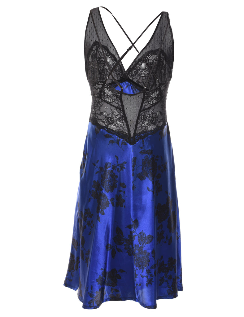 Floral Print Black & Blue Lace Babydoll - S