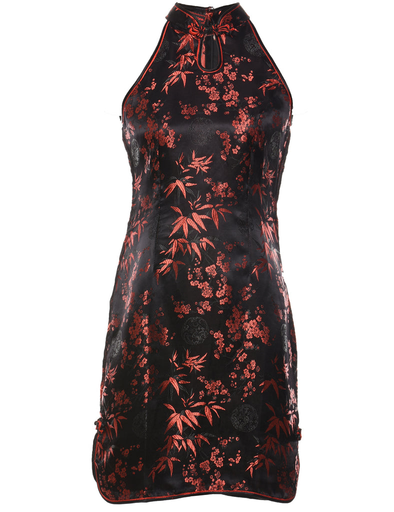 Floral Print Black & Red Brocade Evening Dress - M