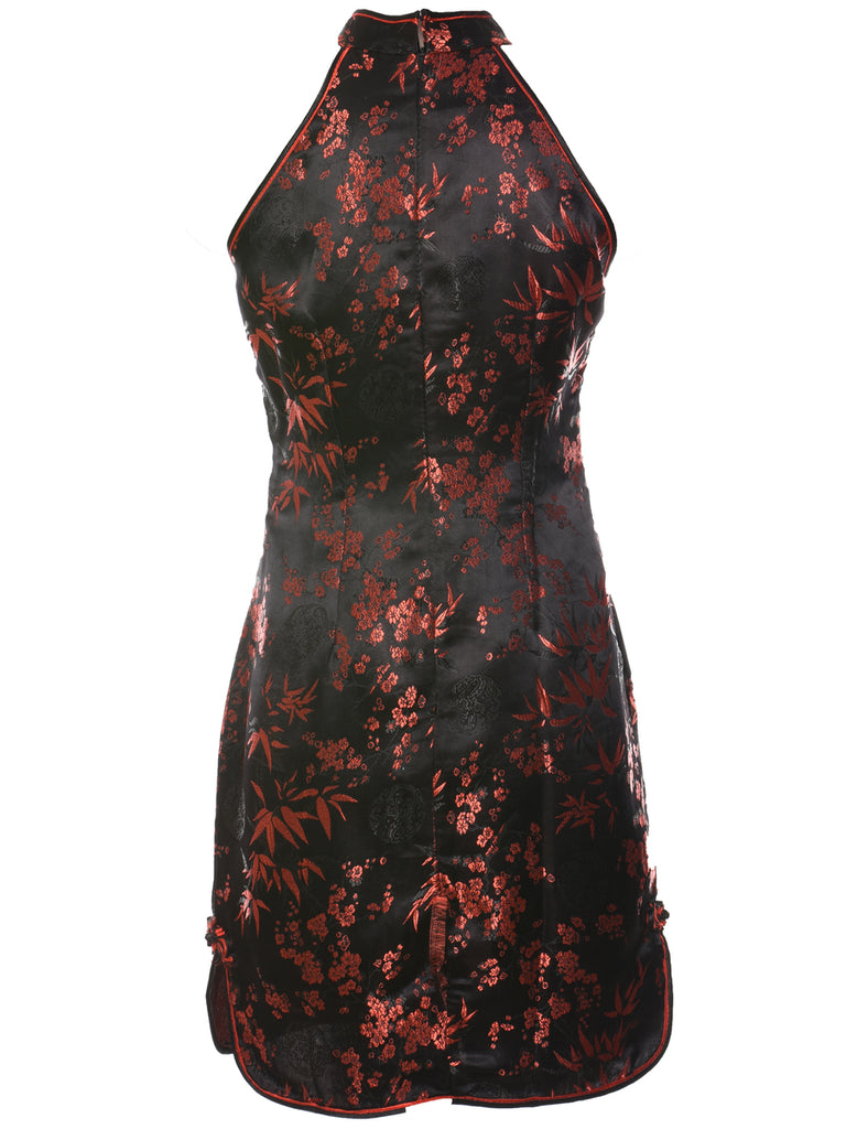 Floral Print Black & Red Brocade Evening Dress - M