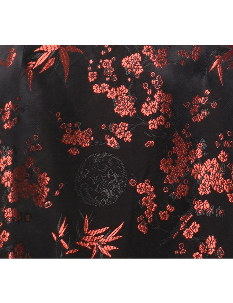 Floral Print Black & Red Brocade Evening Dress - M