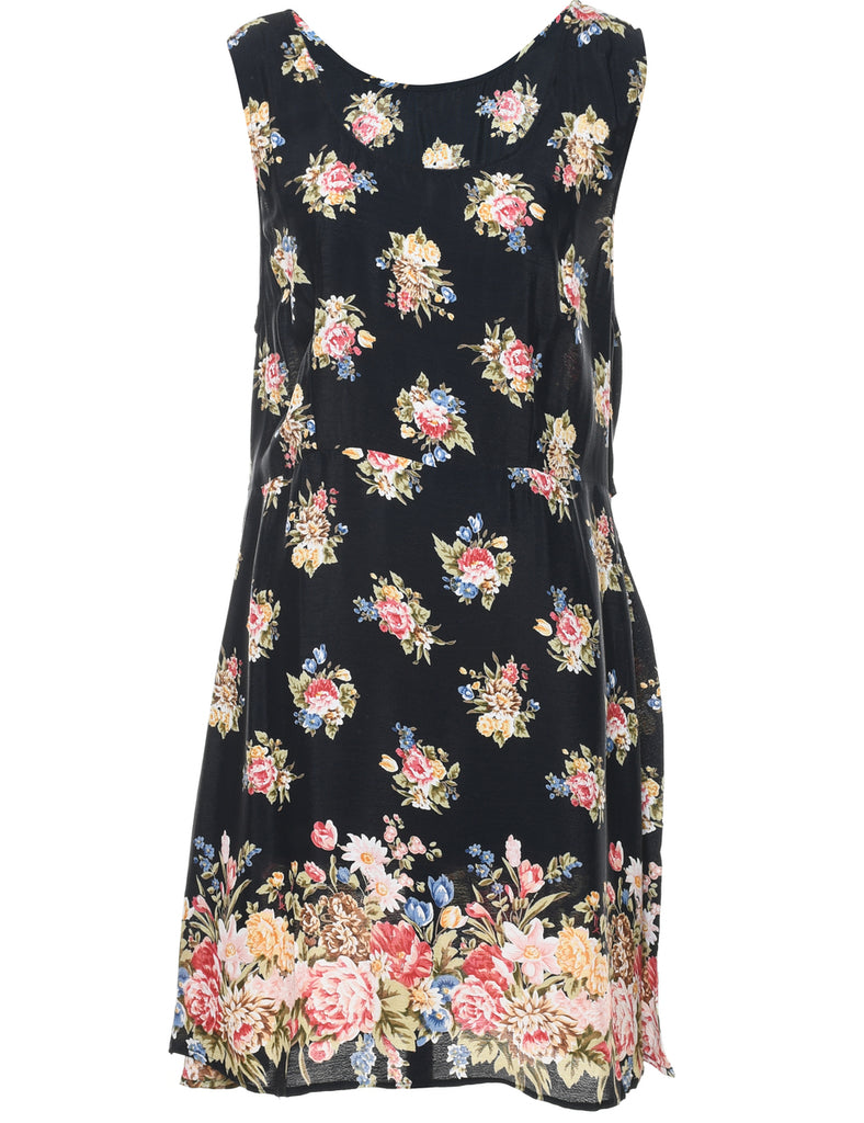 Floral Print Black Round Neck Dress - M