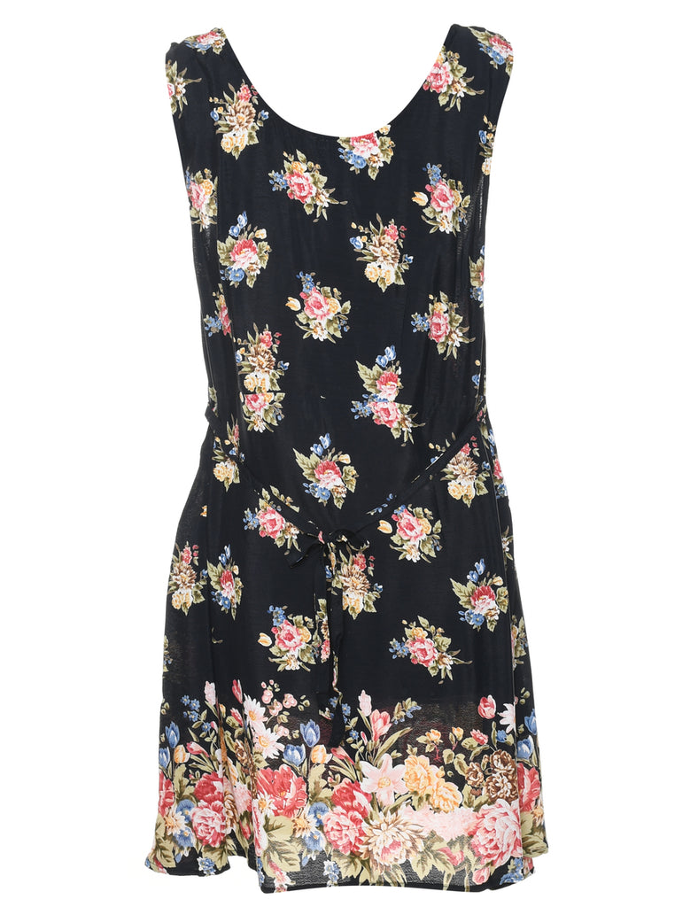 Floral Print Black Round Neck Dress - M