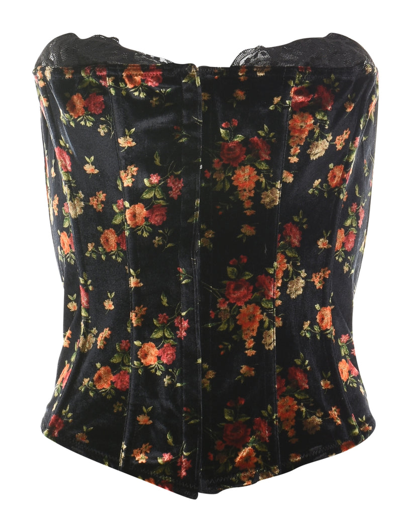 Floral Print Black Velvet Boned Corset - S