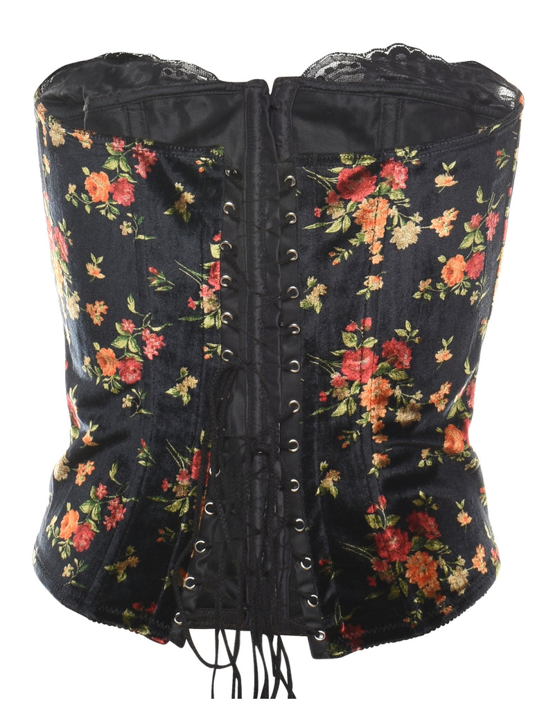 Floral Print Black Velvet Boned Corset - S