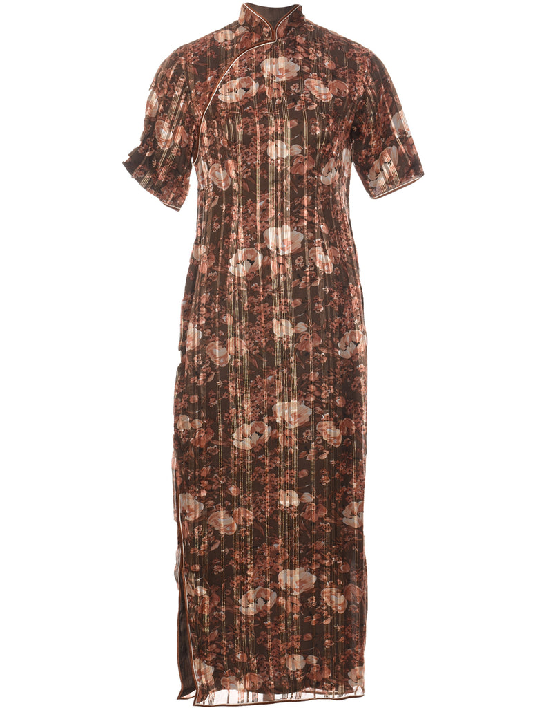 Floral Print Brown 1970s Maxi Dress - M