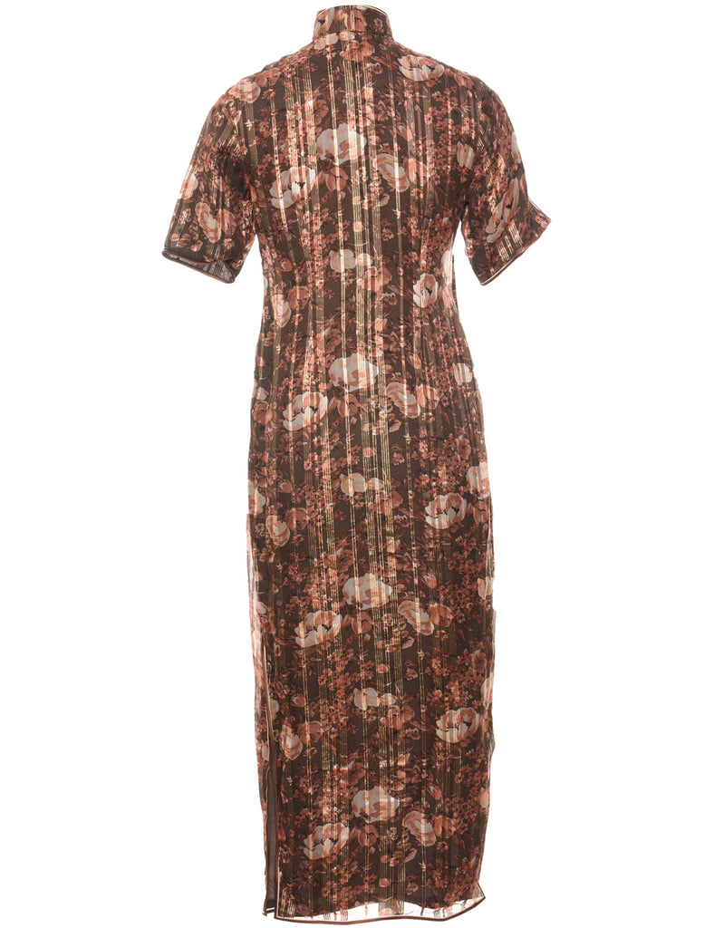 Floral Print Brown 1970s Maxi Dress - M