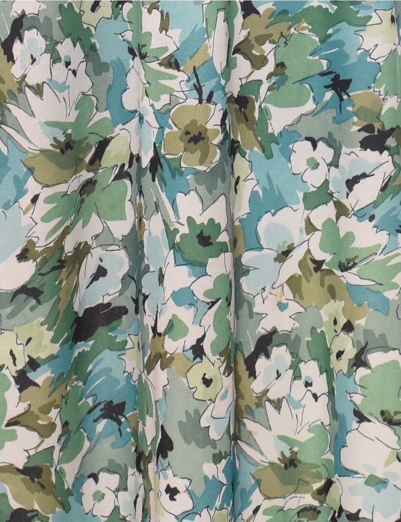 Floral Print Green & White 1970s Maxi Dress - M