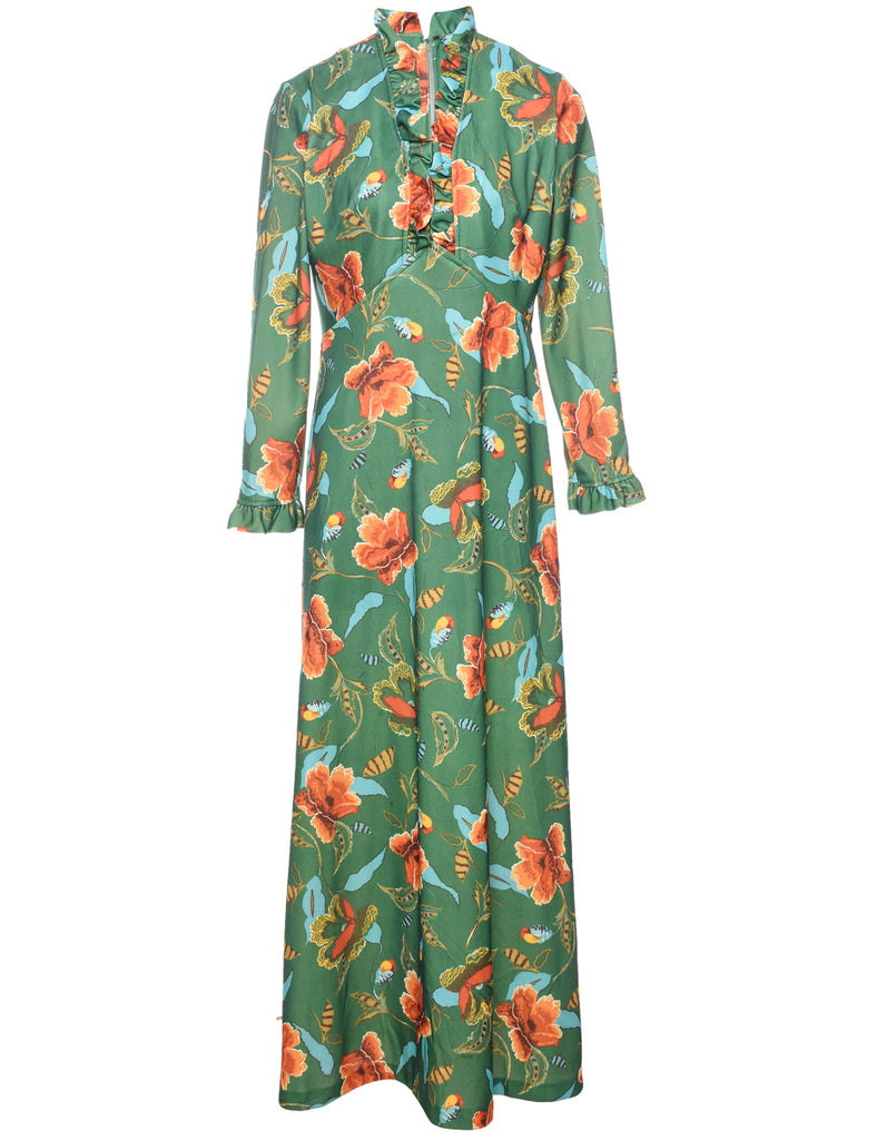 Floral Print High-Neck 1970s Ruched Detail Maxi Dress - L