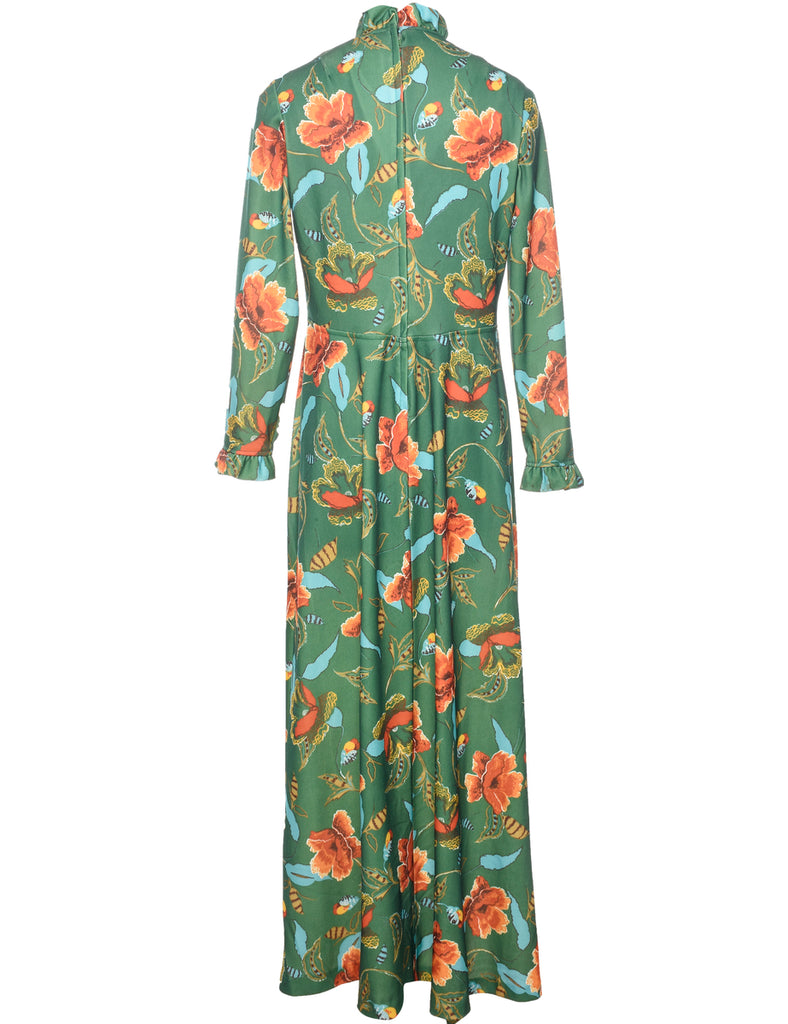 Floral Print High-Neck 1970s Ruched Detail Maxi Dress - L