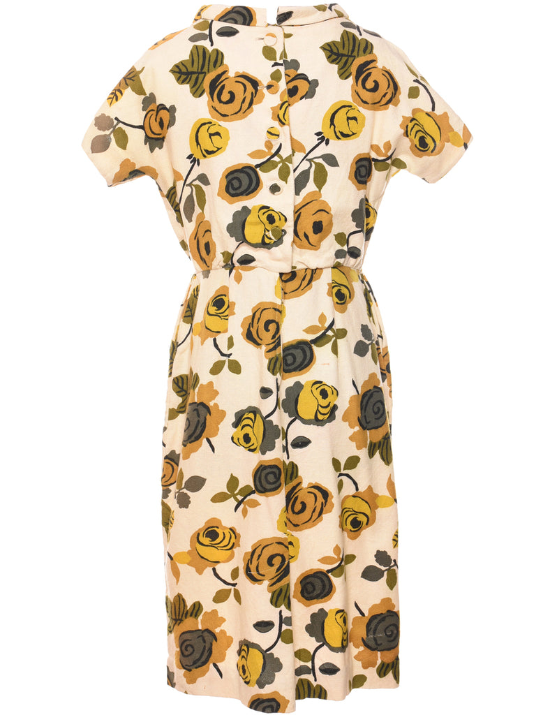 Floral Print Pale Yellow & Green 1960s Dress - L