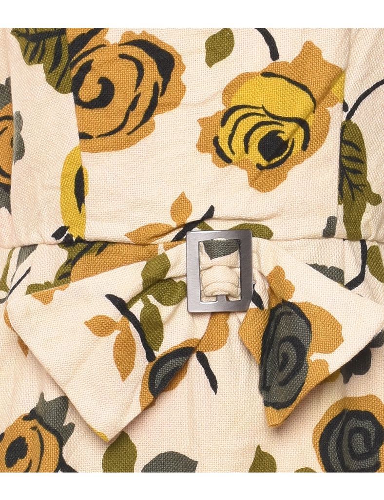 Floral Print Pale Yellow & Green 1960s Dress - L