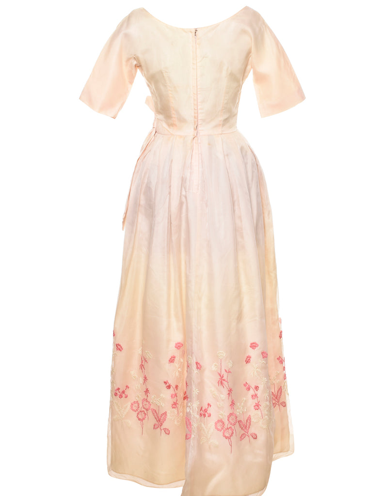 Floral Print Peach & Pink 1960s Embroidered Evening Gown - S