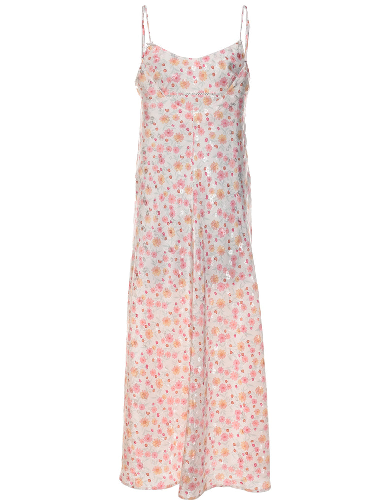 Floral Print Pink, Orange & White Silk & Satin Slip Dress - M