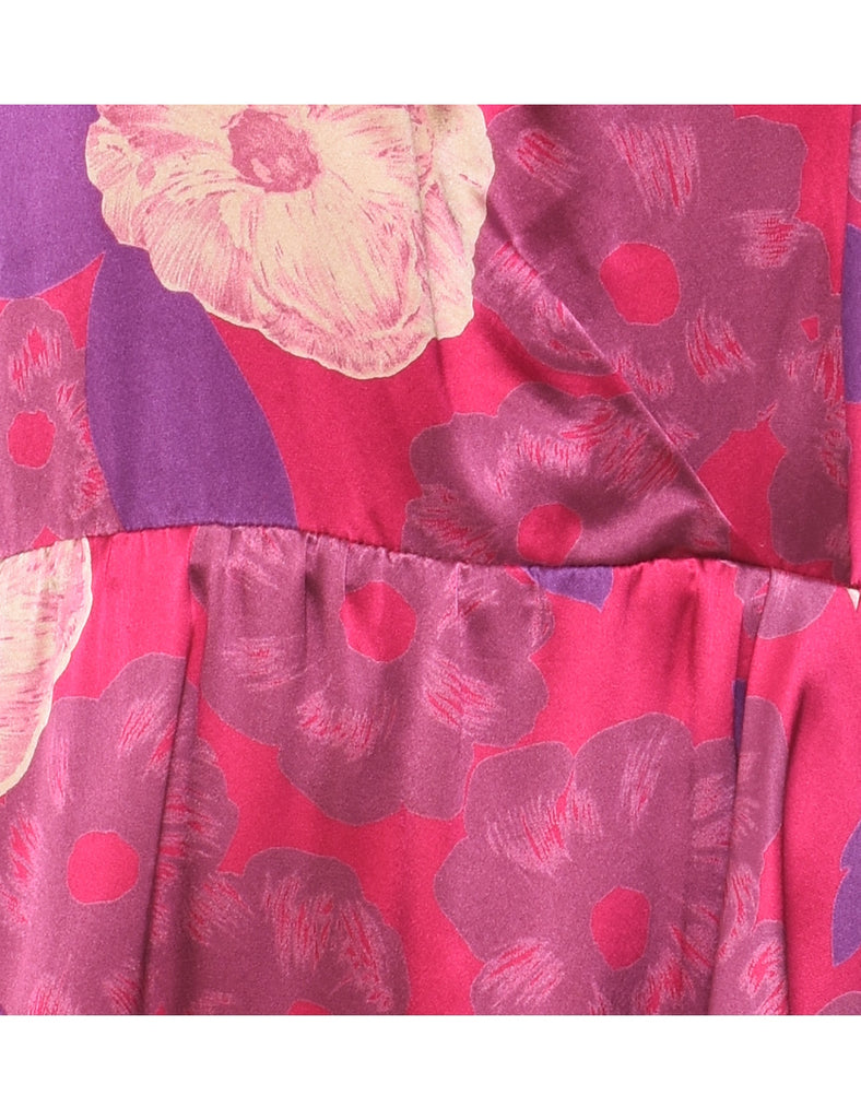 Floral Print Purple & Pink 1980s Dress - M