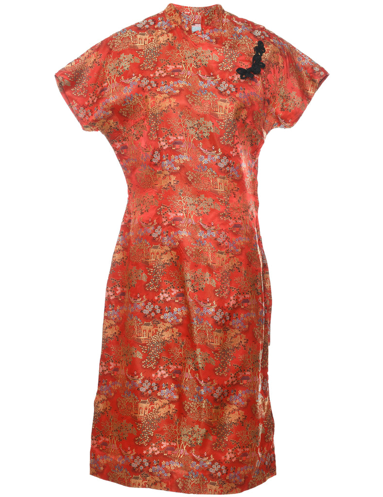 Floral Print Red Brocade Design Cheongsam Collar Evening Dress - M