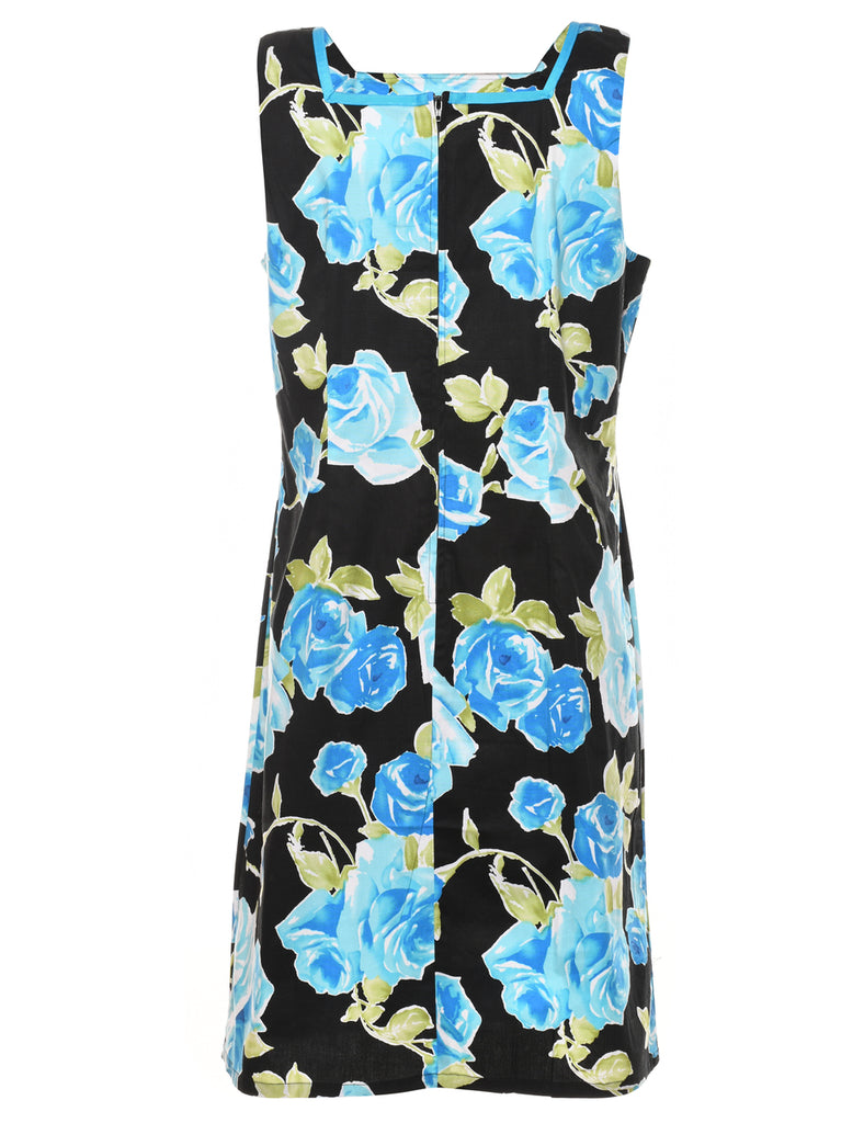 Floral Print Sleeveless Black & Blue Dress - M