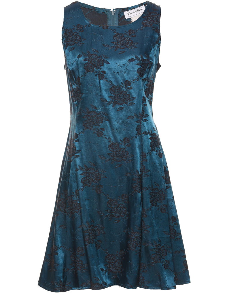 Floral Print Teal & Black Metallic Evening Dress - M