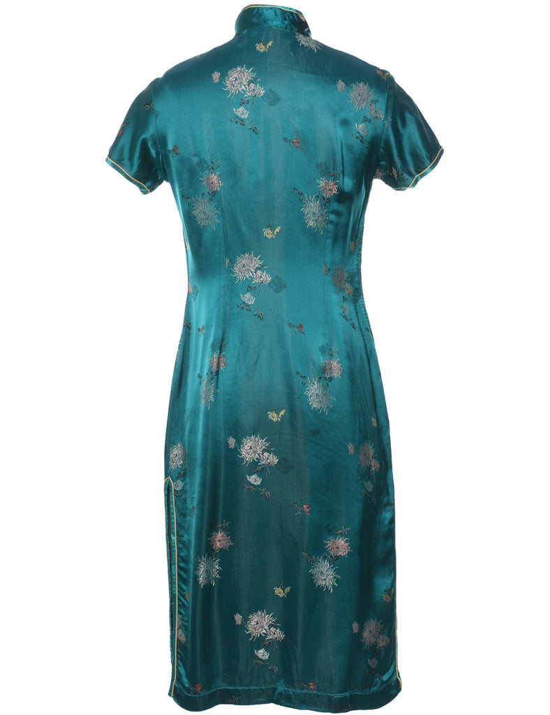 Floral Print Teal Metallic Dress - S