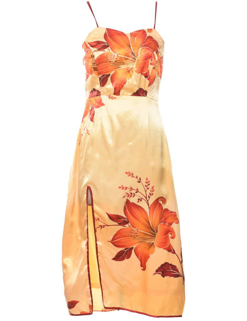 Floral Print Yellow & Orange Silky Metallic Dress - XS