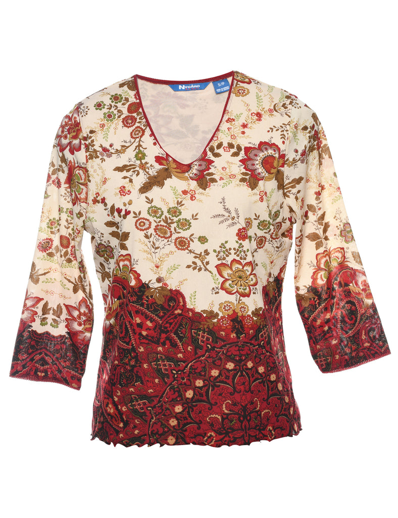 Floral Printed Red & Beige Printed Top - S