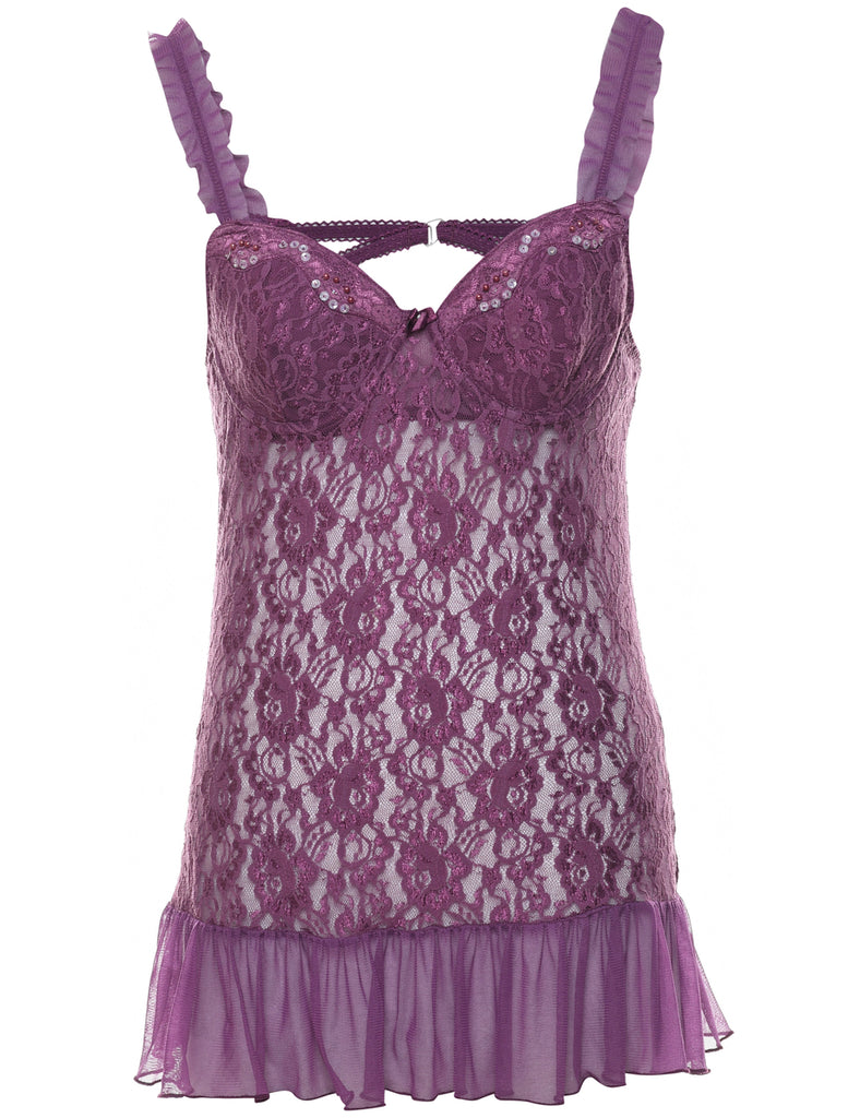 Floral Purple Classic Sheer Lace Slip Dress - M