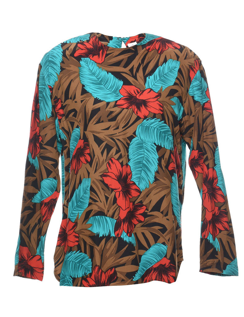 Foliage Printed 1980s Multi-Colour Silk Top - S