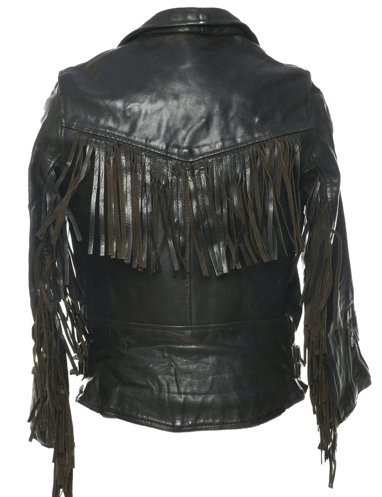 Fringed Biker Style Leather Jacket - M