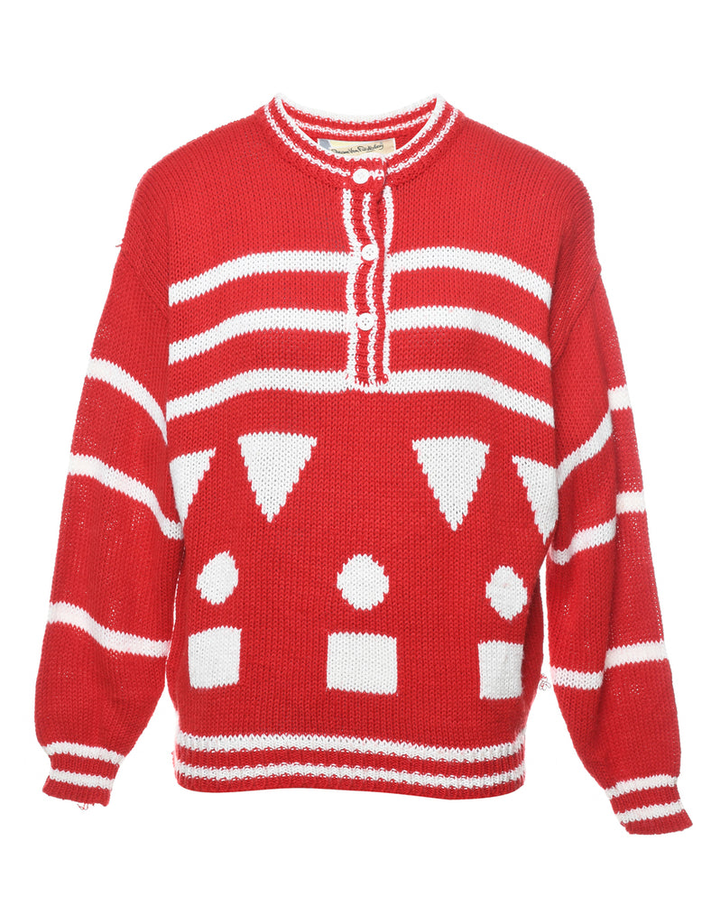 Geometric Pattern Red & White Jumper - L