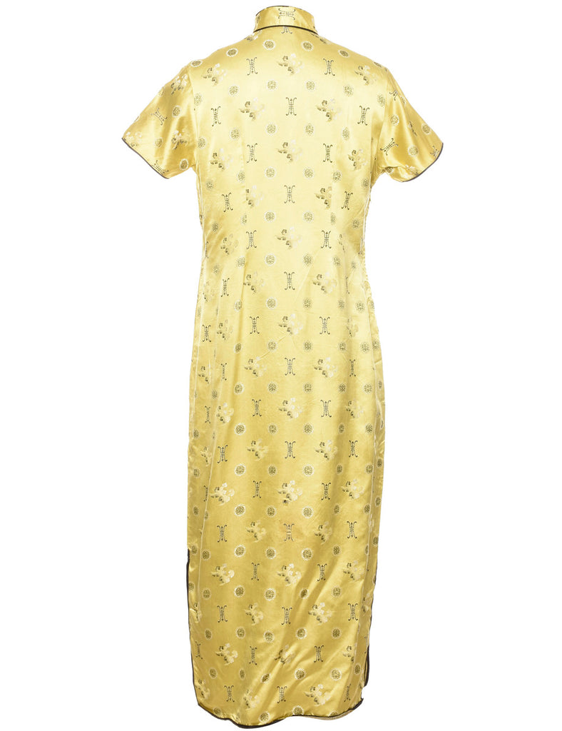 Gold Patterned Metallic Cheongsam Collar Dress - M