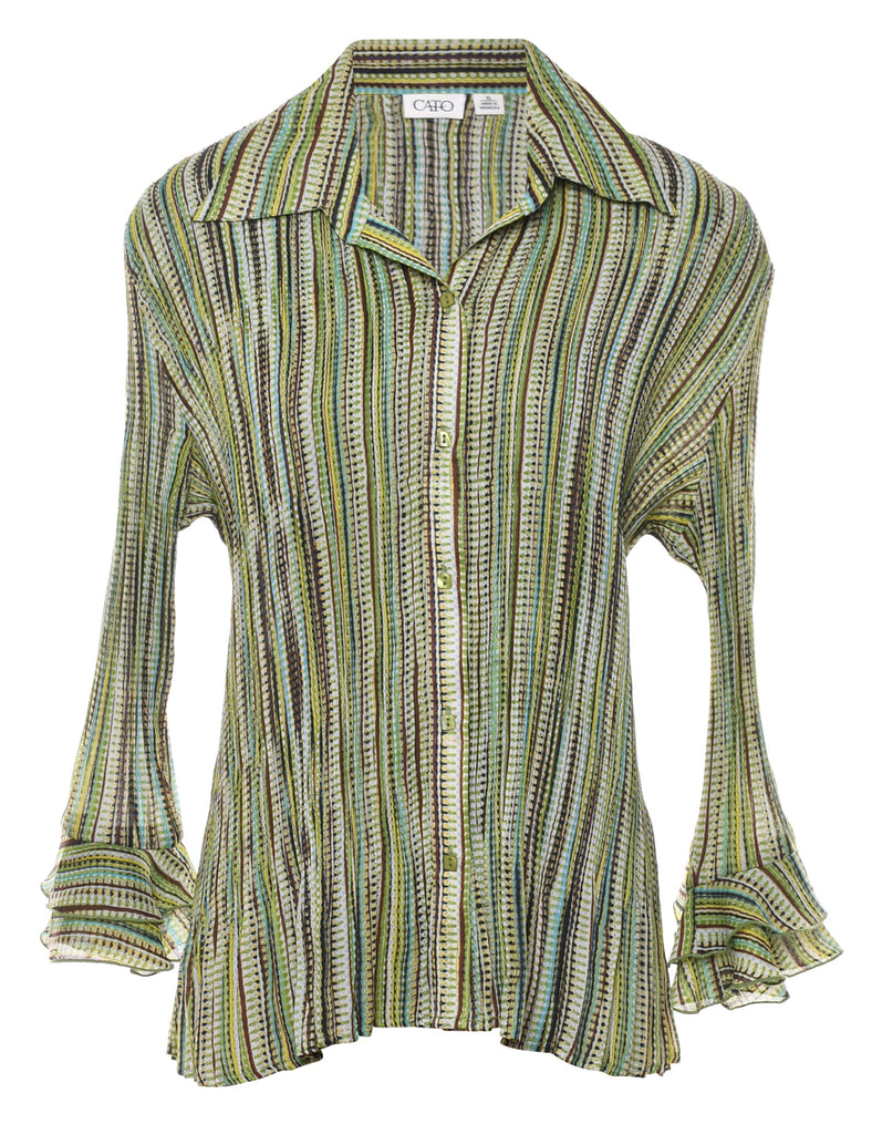 Green & Brown Striped Y2K Bell Sleeve Shirt - XL