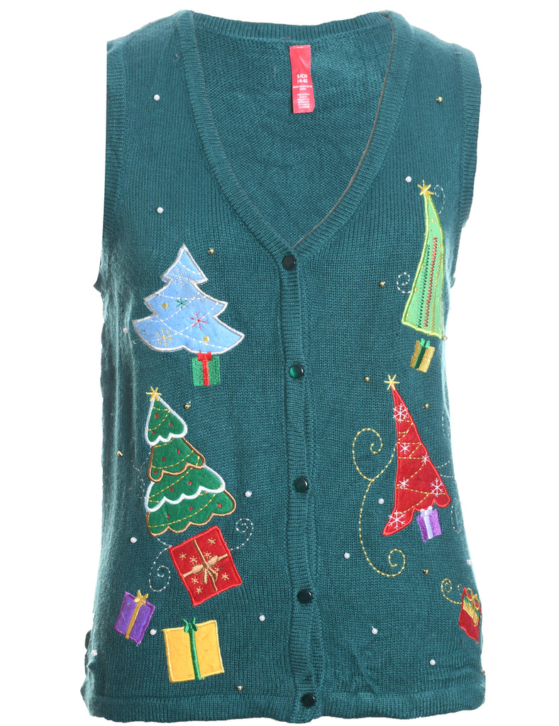 Green Knit Appliqued Christmas Vest - S