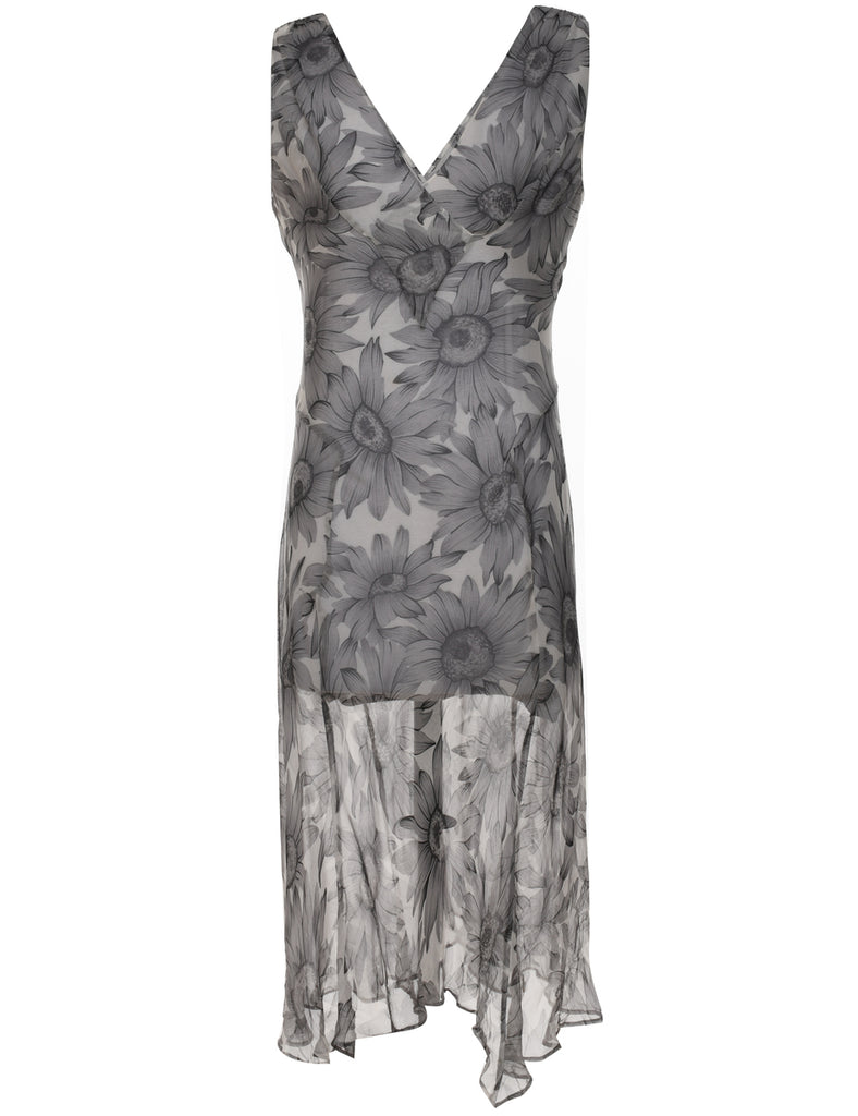 Grey & Black Sheer Floral Slip Dress - XS