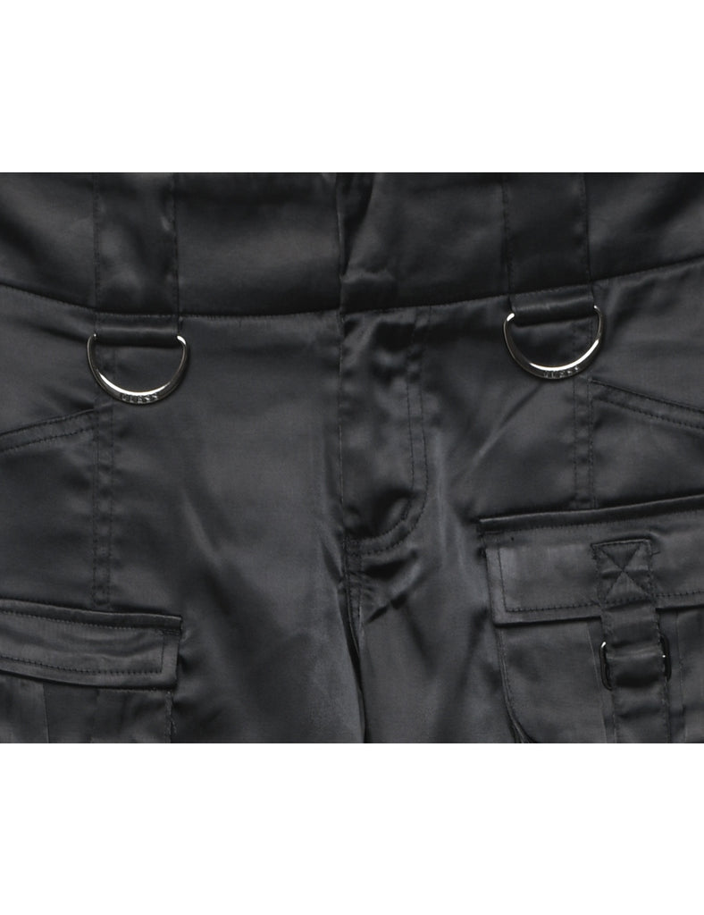 Guess Flared Leg Black Shiny Y2K Cargo Trousers - W34 L31