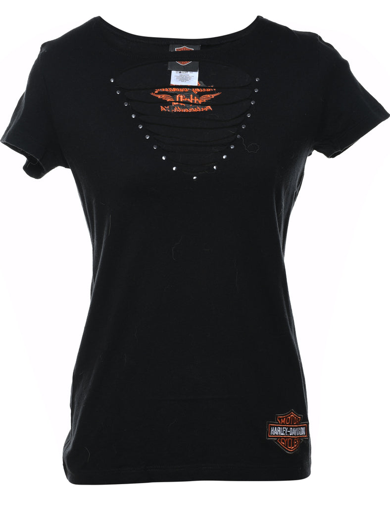 Harley Davidson Black & Orange Y2K Embellished & Embroidered T-Shirt - M