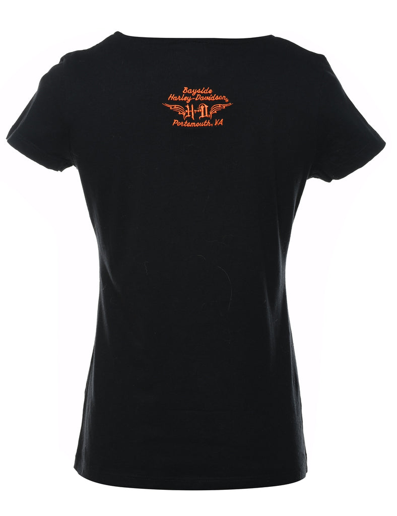 Harley Davidson Black & Orange Y2K Embellished & Embroidered T-Shirt - M