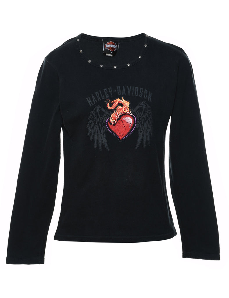 Harley Davidson Black & Red Heart Design Y2K Embellished T-Shirt - L