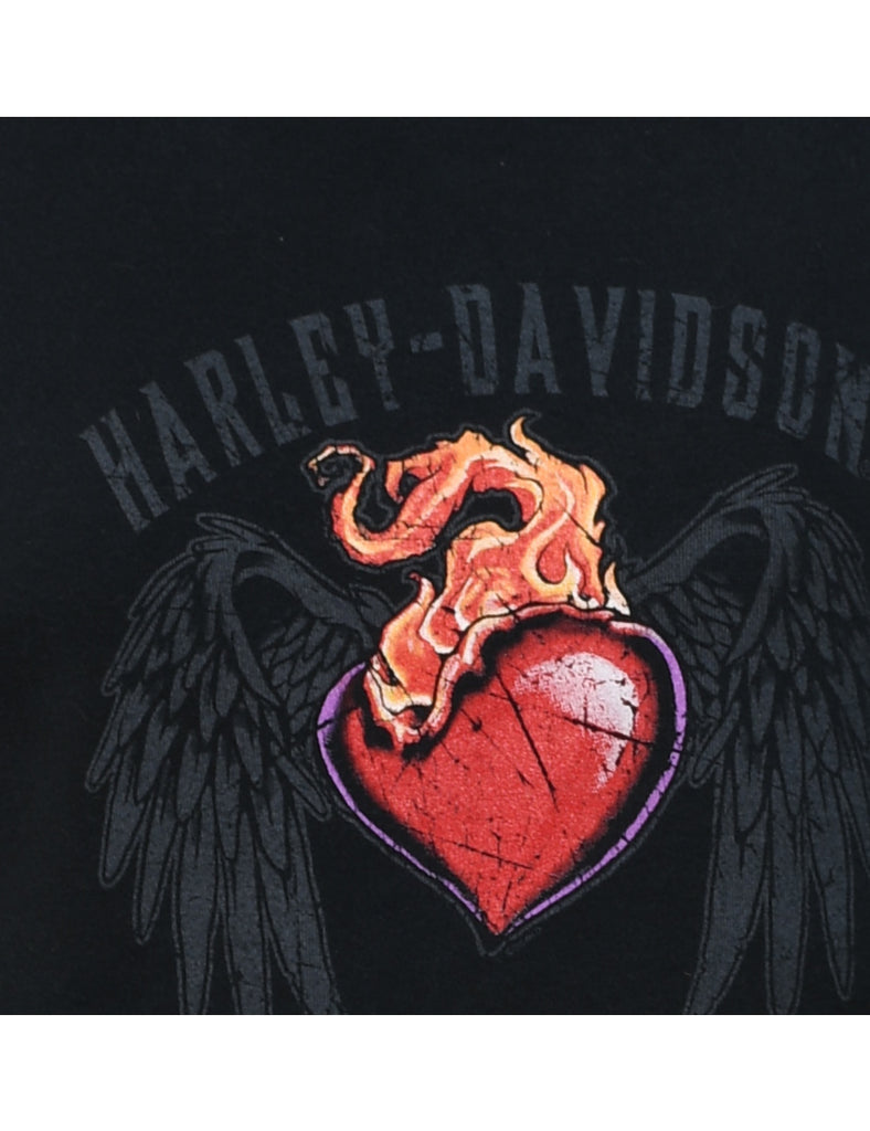 Harley Davidson Black & Red Heart Design Y2K Embellished T-Shirt - L