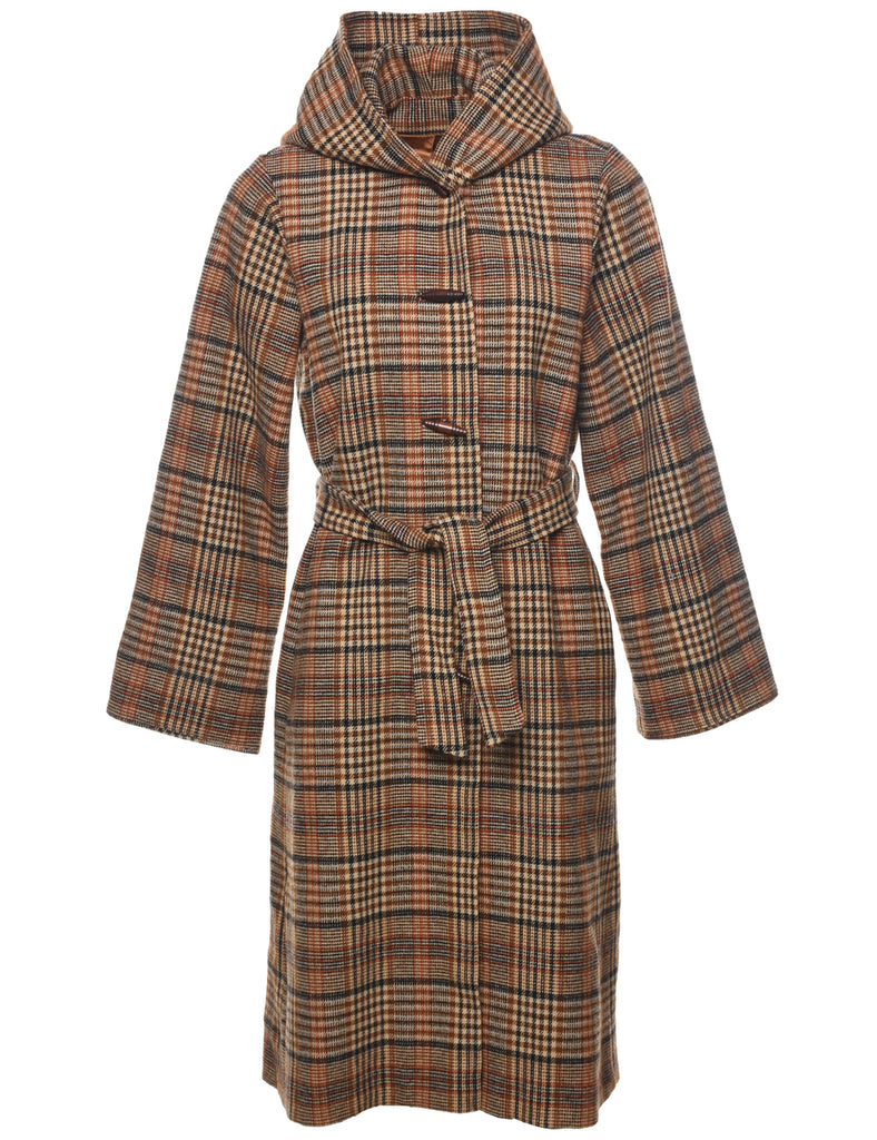 Hooded Checked Pattern Wool Coat - M