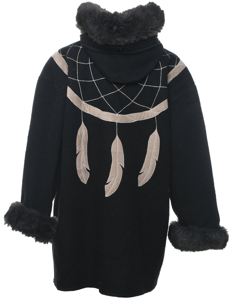 Hooded Dream Catcher Design Faux Fur Trim Wool Coat - XL