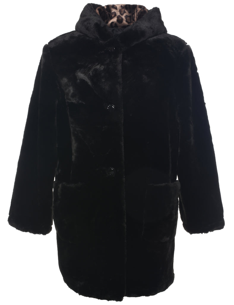 Hooded Faux Fur Coat - M