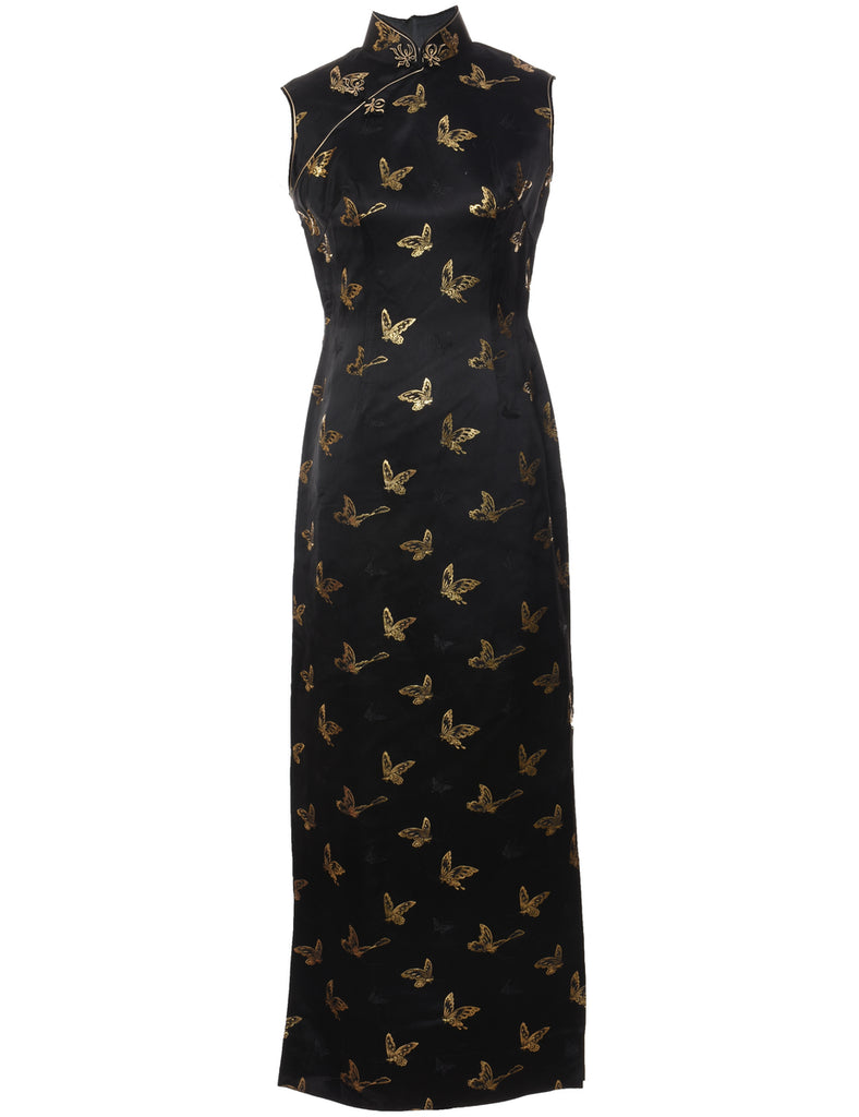 Jacquard Black & Gold Metallic Maxi Dress - M