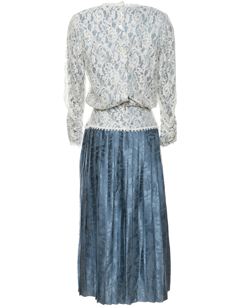 Jacquard Pattern Blue & Off-White 100& Silk Evening Dress - M