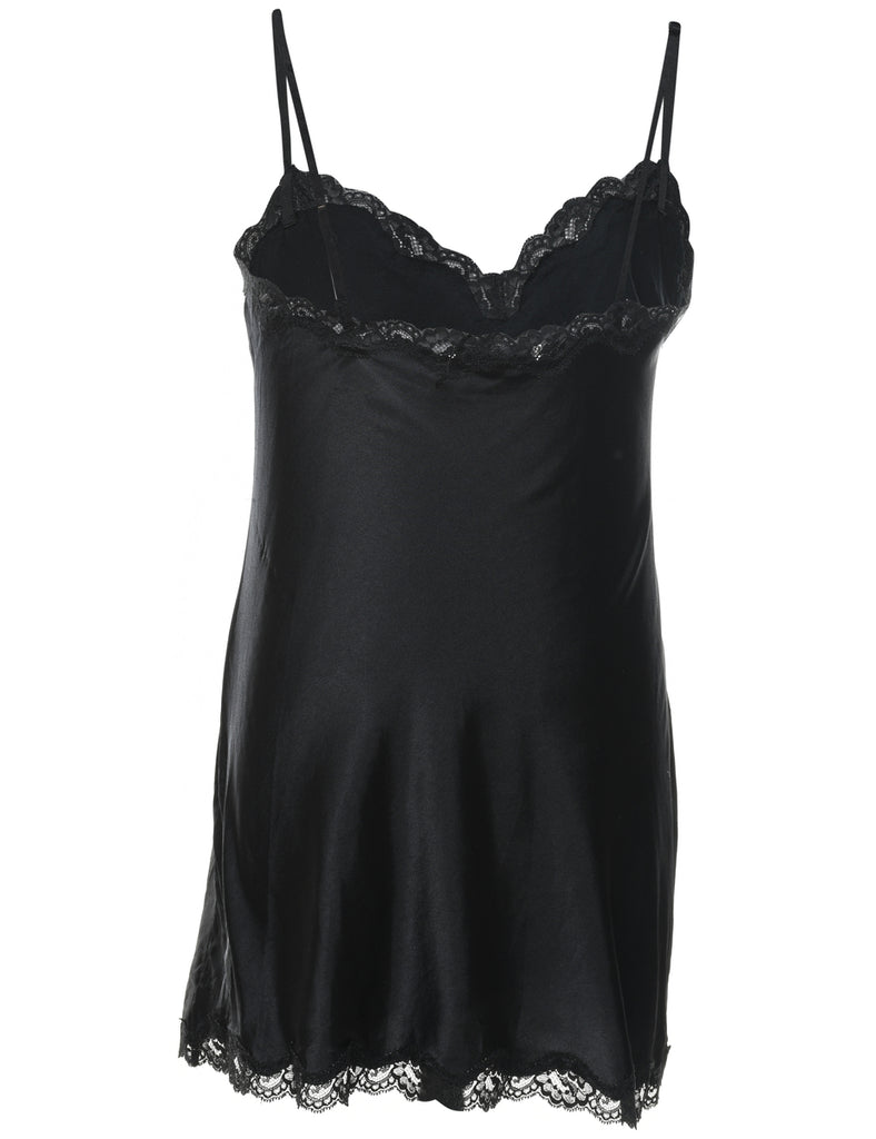 Lace Trim Black Classic Strappy Slip Dress - M