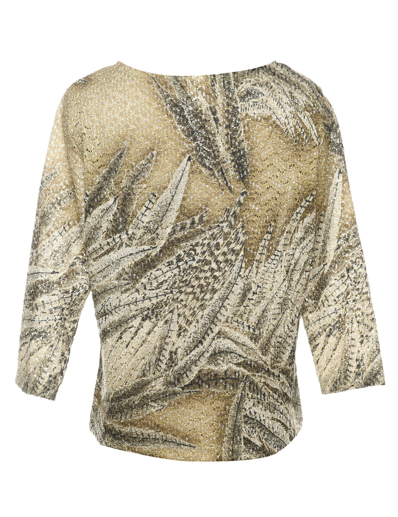 Leafy Print Olive Green & Beige Sparkly Metallic Top - L