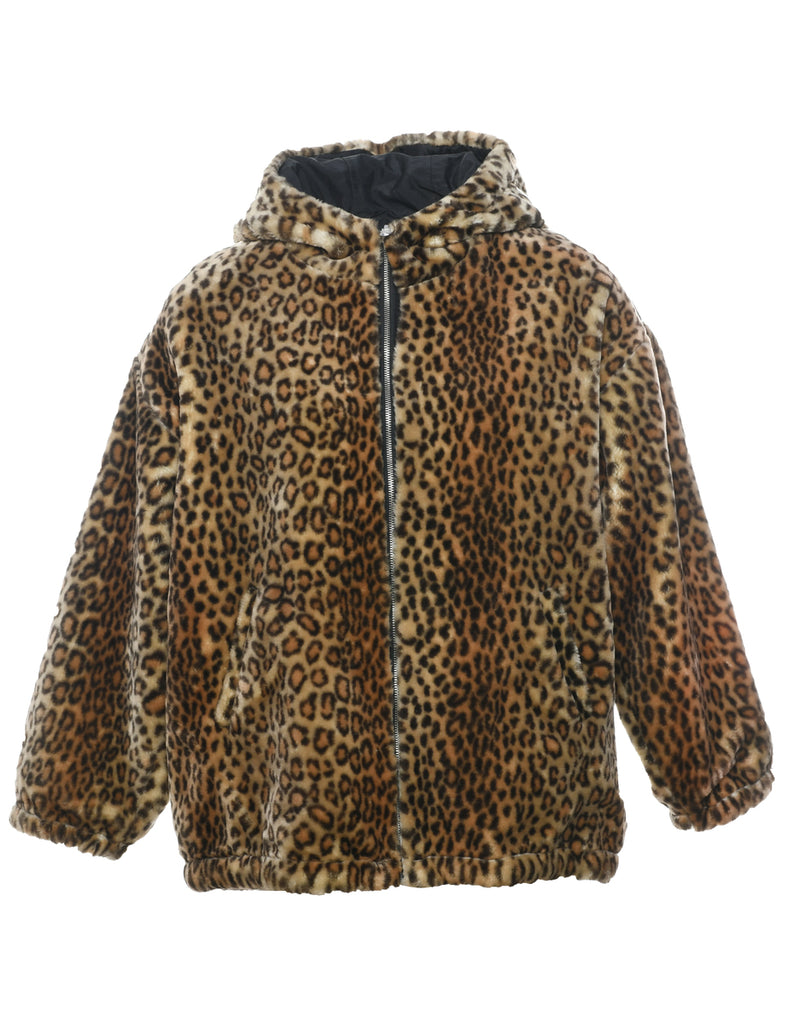 Leopard Print Faux Fur Coat - L