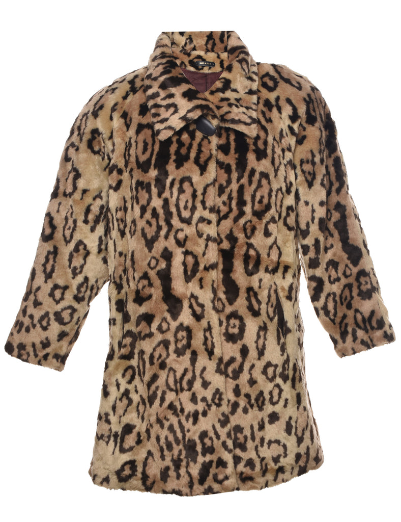 Leopard Print Faux Fur Coat - L