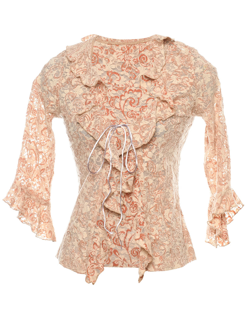 Light Brown & Orange Y2K Ruffled Blouse - M