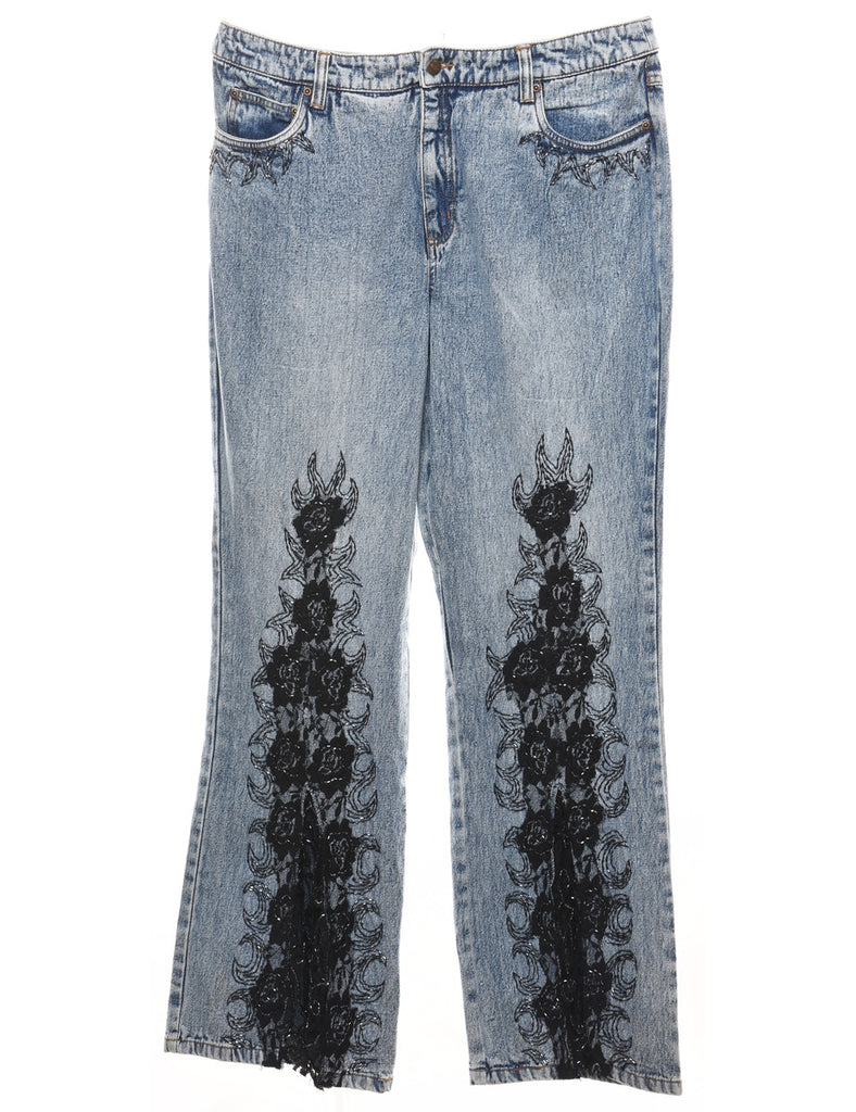 Light Wash Beaded Y2K Patterned Jeans - W36 L30