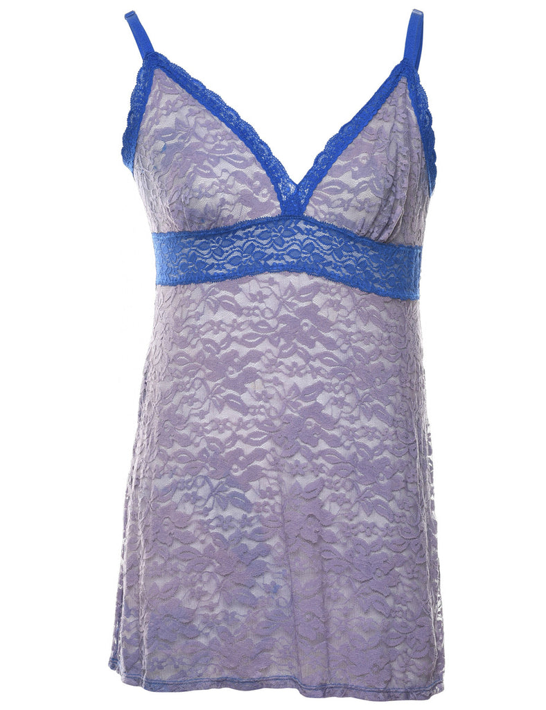 Lilac & Navy Floral Lace Sheer Slip Dress - M