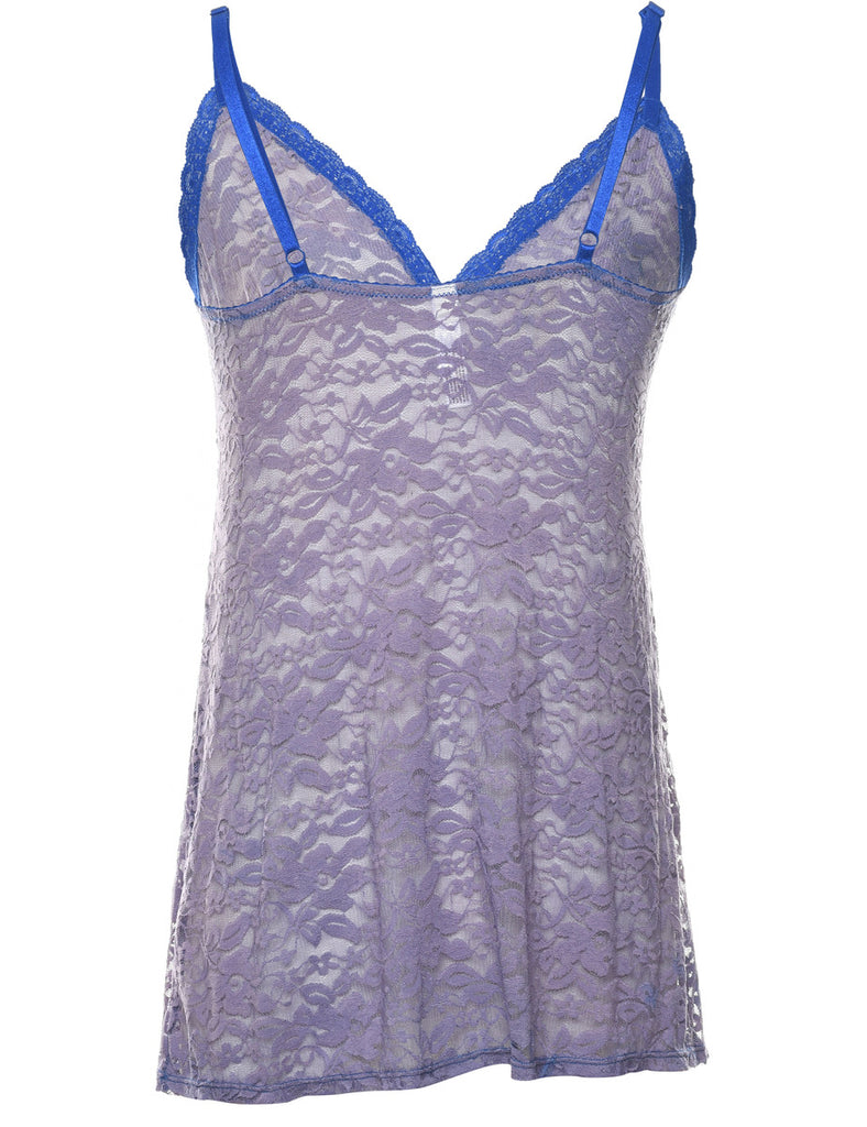 Lilac & Navy Floral Lace Sheer Slip Dress - M